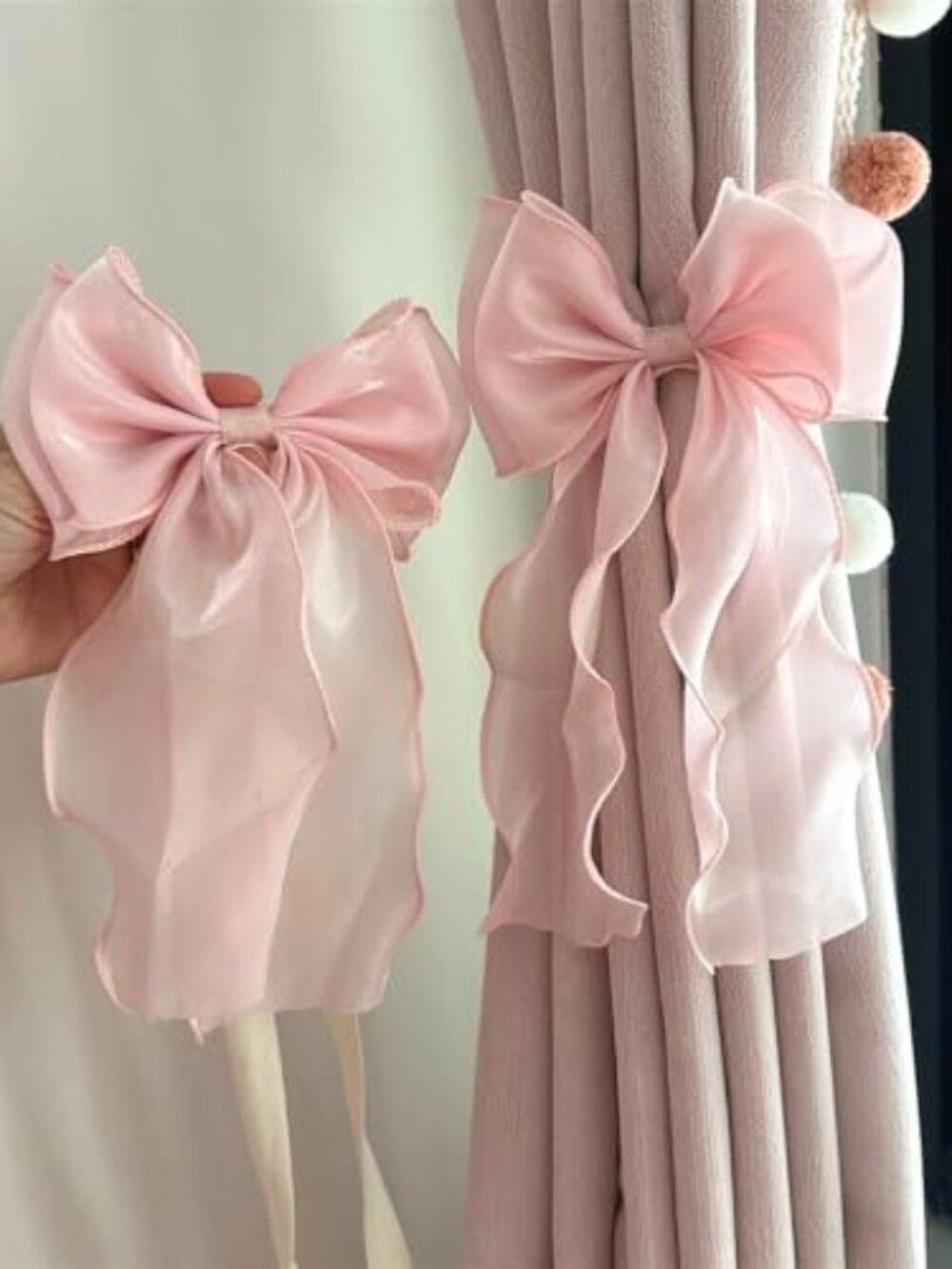 New - 2 Pack French Silky Bow Curtain Tiebacks, Elegant Lace Ribbon for Curtains